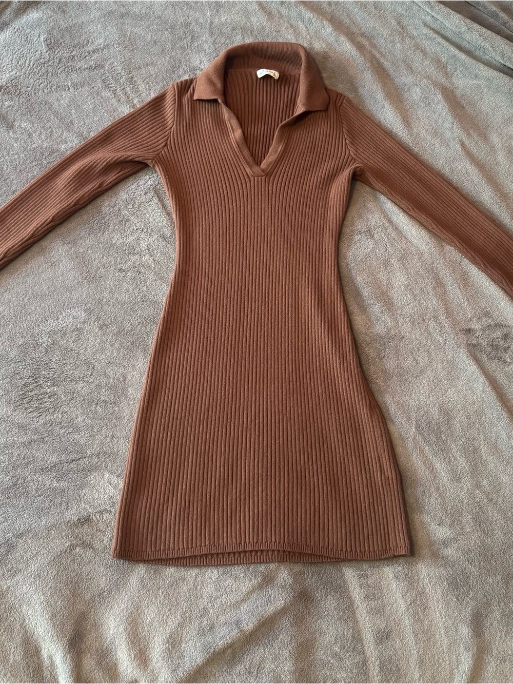 Hollister Ribbed Long-Sleeve Polo V-Neck Dress in Brown
